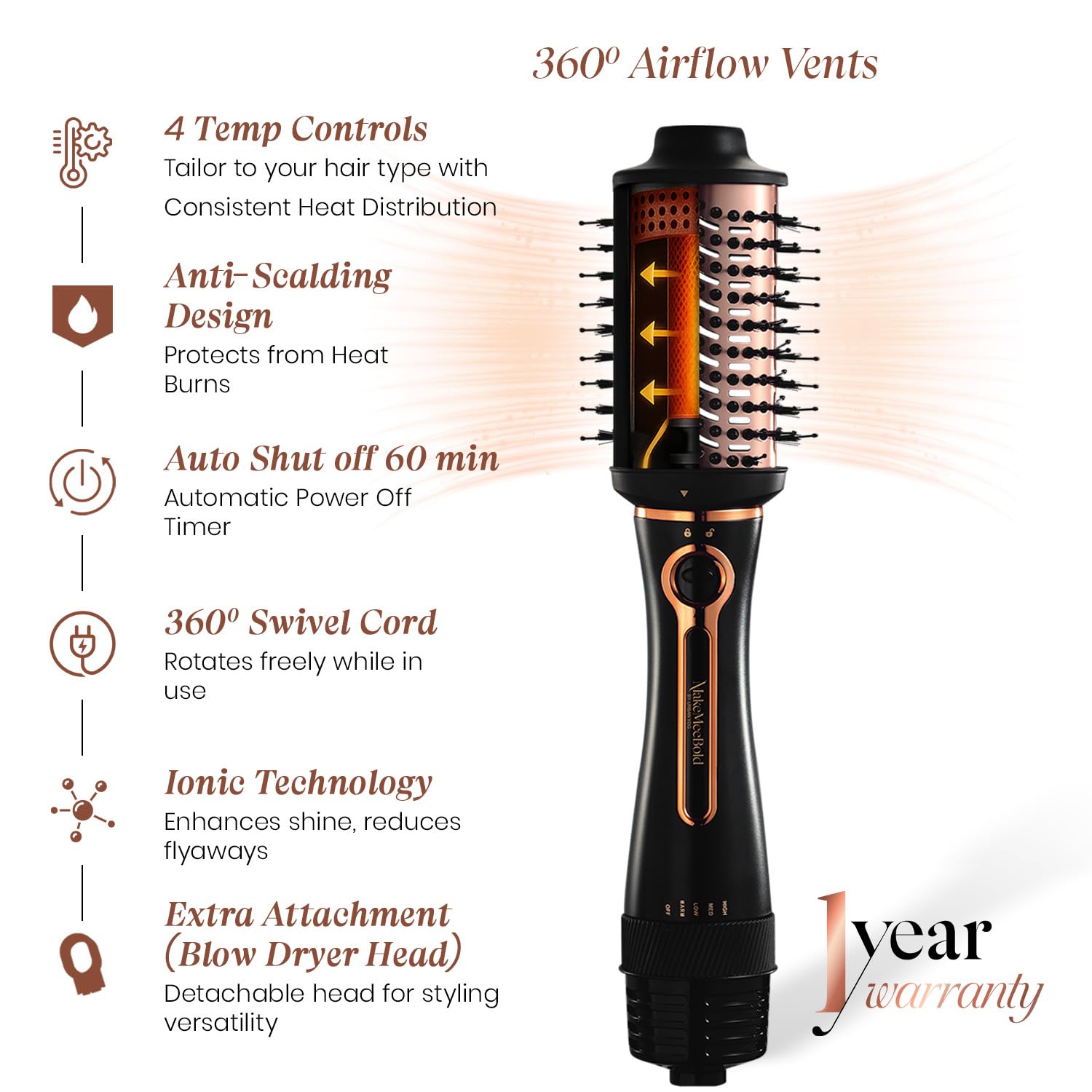 Urban yog MakeMeeBold 3-in-1 Hot Air Brush| 1.5-inch Barrel | Hair Dryer Hair Straightener Volumizer Blow Dryer Styling Tool,1200 Watt | Gifts for Woman, Multicolour